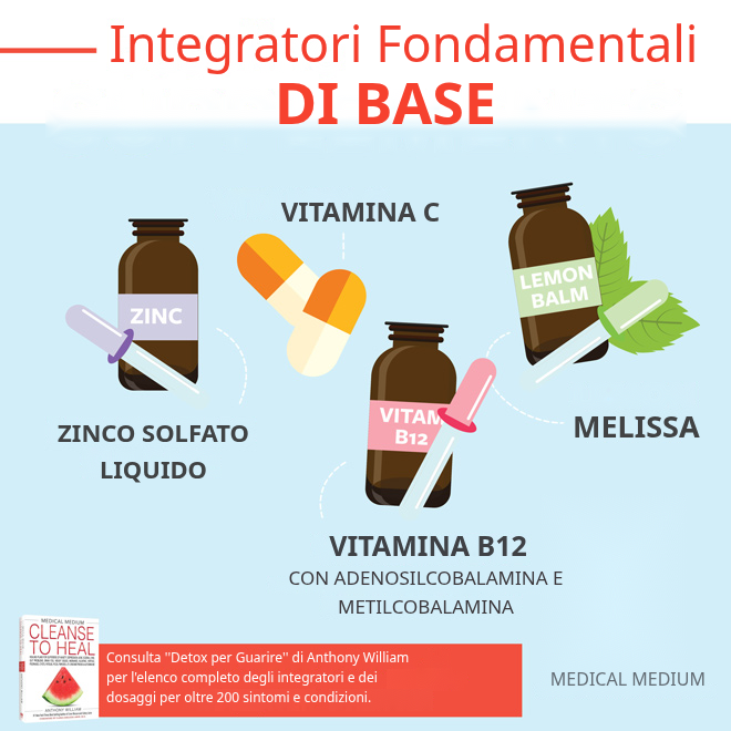 I quattro integratori di base: vitamina B12, zinco solfato liquido, vitamina C Micro-C e melissa