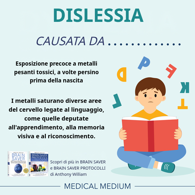 Cervello con aree linguistiche evidenziate: metalli pesanti e dislessia