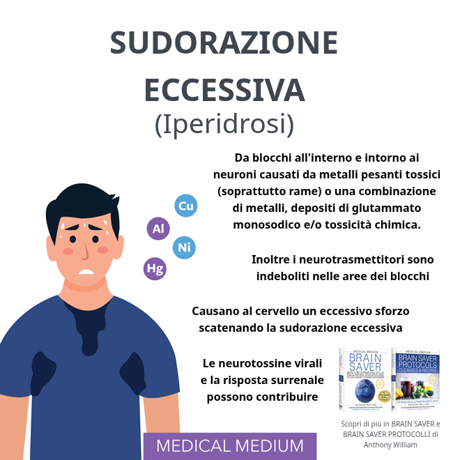 Illustrazione del cervello con nervi simpatici e depositi di rame tossico che causano sudorazione eccessiva