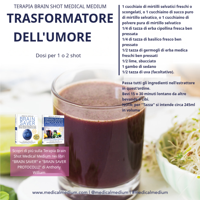 Shot Cambia Umore con mirtilli selvatici, erba cipollina, basilico e germogli di erba medica