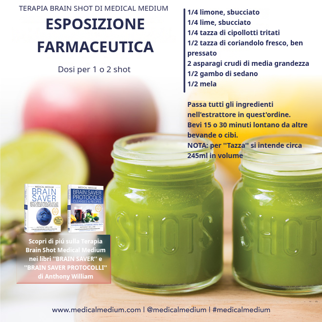 Brain Shot per l'esposizione farmaceutica con limone, lime, coriandolo, asparagi e mela