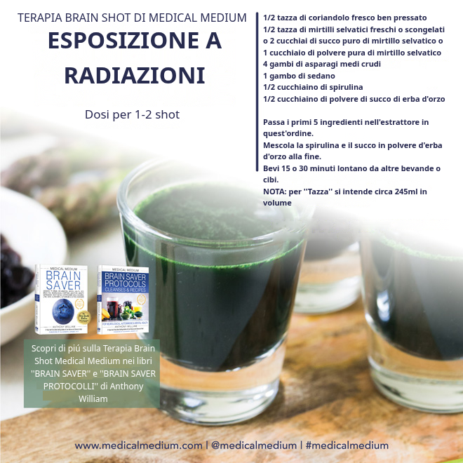 Brain Shot per l'esposizione alle radiazioni con coriandolo, mirtilli selvatici e asparagi