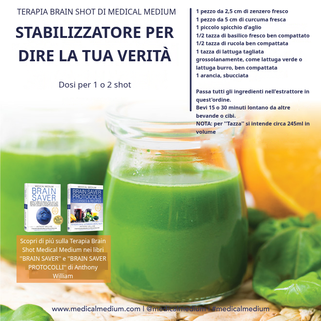 Shot Stabilizzatore della Verità con zenzero, curcuma, aglio, basilico, rucola, lattuga e arancia